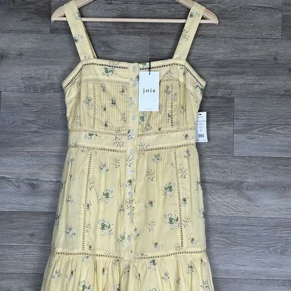 Joie Dress Sz 0 Yellow Floral Cotton Guaze Pintuck Button Front Cottagecore NWT - Picture 5 of 14